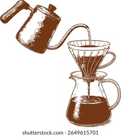 Uma ilustração à mão desenhada com detalhes de café derramado sobre a fabricação. Ideal para a marca do café, classes barista, guias de hobby e projetos de café estilo vintage.

