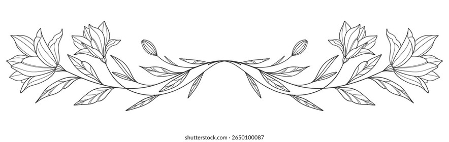 Fineline linha arte Floral Botânica . desenhos de flores. Preto e branco com arte de linha em fundos brancos. Ilustrações Botânicas Desenhadas À Mão. Eps vetorial