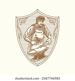 A finely crafted vintage-style blacksmith emblem logo featuring a blacksmith working on an anvil