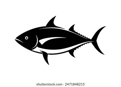 A finely detailed black vector illustration showcasing the silhouette of a yellowfin tuna fish, capturing its sleek form and distinctive features.