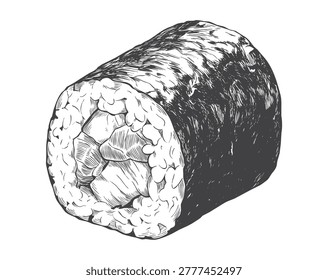 A finely detailed engraving style vector of a single cut maki roll. Excellent for minimalist Japanese restaurant menus, sushi bar logos, and commercial food labels.