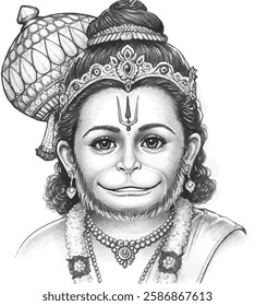 A finely detailed pencil drawing of Baby Hanuman, capturing his innocence and divine energy. Perfect for spiritual art, religious illustrations, and mythology-themed designs.