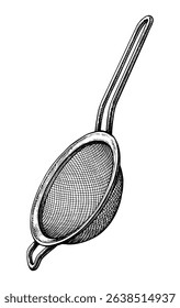 Fine-mesh strainer. Ink sketch of kitchenware. Hand drawn vector illustration. Retro style.