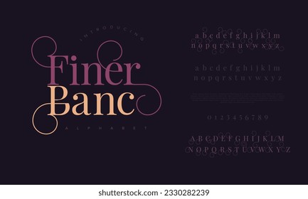 Finerbanc premium luxury elegant alphabet letters and numbers. Elegant wedding typography classic serif font decorative vintage retro. Creative vector illustration