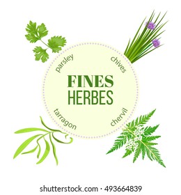 Fines herbes traditional spice mix. Round emblem with type design for cosmetics, restaurant, store, market, natural health care products. Can be used as logo design, price tag, label, web, textile