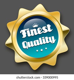 Finest quality seal or icon with crown symbol. Glossy golden seal or button with stars and turquoise color.