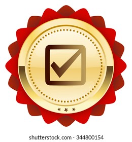 Finest quality seal or icon with hook symbol. Glossy golden seal or button with red color.
