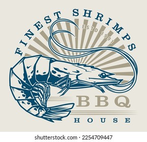 Finest shrimps vintage colorful label invitation to BBQ house and restaurant with delicious healthy grilled food vector illustration