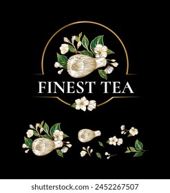 El mejor diseño del logotipo del té. Vector dibujado a mano ilustración, flor de flores, hojas y pétalo, diseño de lujo. 