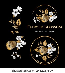 Finest tea logo design. Vector handdrawn illustration, blossom of flowers, Leaves and petal, luxury design. 