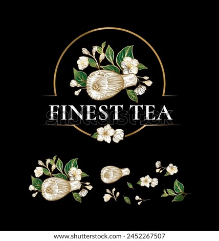 Finest tea logo design. Vector handdrawn illustration, blossom of flowers, Leaves and petal, luxury design. 