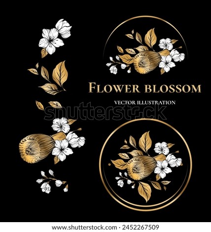 Finest tea logo design. Vector handdrawn illustration, blossom of flowers, Leaves and petal, luxury design. 