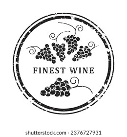 Finest wine grunge stamp, wine bottle sticker, black isolated on white background, vector illustration.