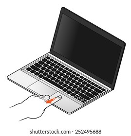 Finger activating the fingerprint reader of a laptop.