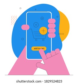 A finger is adding a product in a shopping basket and touching 'Add to cart' button