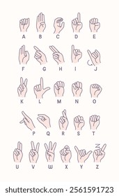 Finger alphabet icon for ASL education poster design. American Sign Language alphabet, dactyl alphabet, and deaf-mute hand language. Learning alphabet for nonverbal deaf-mute communication.