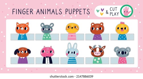 Finger animal puppets. Funny handmade toy. Home theatre performance. Baby educational game. Hobby and relaxing. Cute creatures heads and dotted lines to cut. Vector