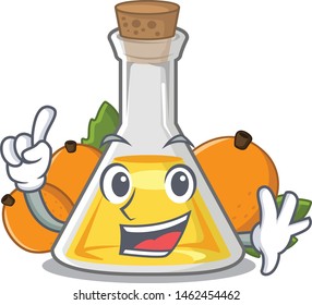 Finger apricot oil above cartoon wood table
