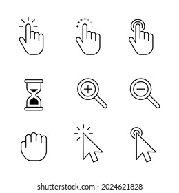 Finger and arrow pointer outline icon set. Finger clicks on the screen with gesture index finger tapping. Suitable for design element of computer software pointer.