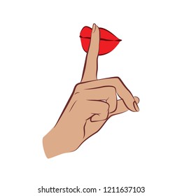 Finger Asking For Silence Isolated On A White Background Shhh Hand Vector Line Drawing Icon Shush