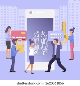 Finger Authentication, Fingerprint screening security system, fraud detection, Biometric access control, Vector illustration for web banner, infographics, mobile website. Landing page template.