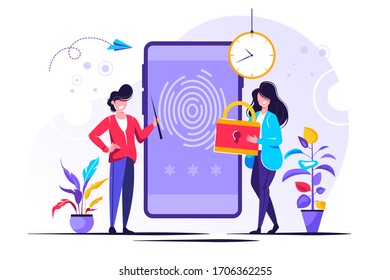 Finger Authentication, Fingerprint screening security system, fraud detection, Biometric access control, Vector illustration for web banner, infographics, mobile website. Landing page template.