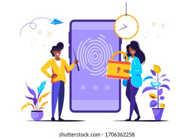 Autenticación de dedo, Sistema de seguridad de proyección de huellas dactilares, detección de fraudes, Control de acceso biométrico, Ilustración vectorial para banner web, infografías, sitio web móvil. Plantilla de página de destino.