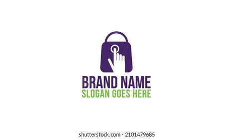 Logo de la Bolsa de Dedos. Este concepto combina una bolsa de compras con un dedo presionando un botón, este logotipo es adecuado para tiendas online, tiendas de bolsos, tiendas de ropa y otras empresas de negocios online.