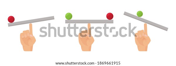 Finger balance. Human hand and seesaw,\
flat equilibrio desk with ball vector\
concept