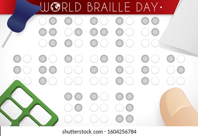 Finger and basic elements to write in braille code: slate, stylus -or bradawl -, papers ready to be used during World Braille Day celebration.