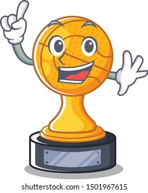 Finger basketball trophy above wooden table character