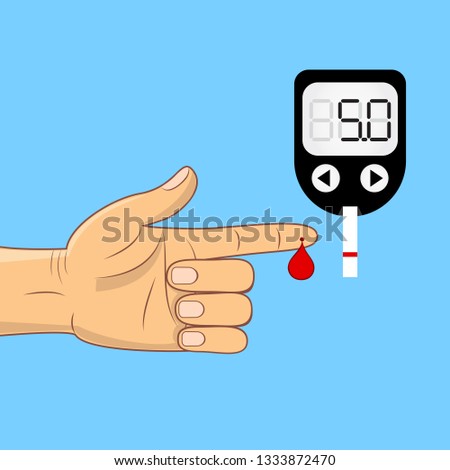 Finger with blood drop. Blood glucose measuring device vector icon. Simple flat design. 
