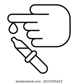 Finger blood drop taking thin line icon, medical research concept. Vector graphics. Hand with pipette, test sign on white background, linear style for mobile or design