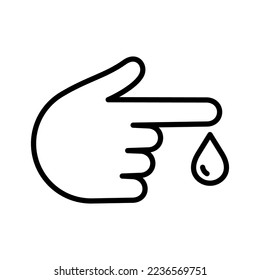 Icono de prueba de sangre del dedo. Dedo con gota de sangre. Pictograma aislado en un fondo blanco. Ilustración vectorial.