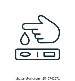 Finger Blood Test Line Icon. Blood Sugar Analysis Linear Pictogram. Research Of Level Glucose Outline Icon. Tests Of Glycemia In Diabetes. Editable Stroke. Isolated Vector Illustration.