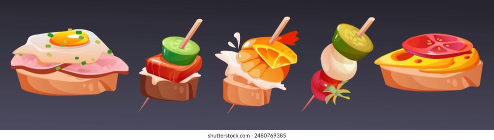 Finger canape food. Buffet bruschetta appetizer vector. Starter toothpick vegetable and fruit fingerfood and sandwich with egg isolated icon collection. Strawberry with mozzarella restaurant asset