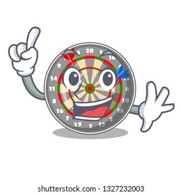 Finger cartoon dartcoard next to wooden table
