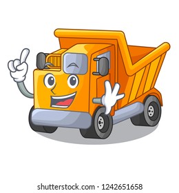 Finger character truck dump on trash construction