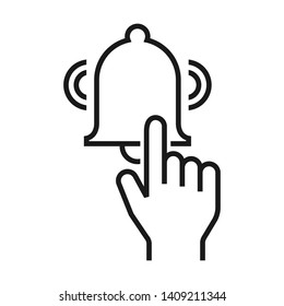 Finger click the bell. Simple design. Line vector. Isolate on white background.