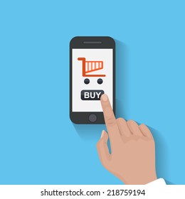 Finger click buy button on the screen smart phone. E-commerce flat design concept. Using mobile smart phone similar to iphon for online purchasing.