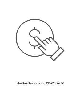 Finger click the coin, button press, finger touch on money lineal icon. Finance, payment, invest finance symbol design.