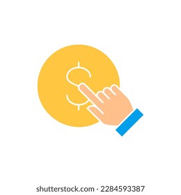Finger click the coin, button press, finger touch on money white outline icon. Finance, payment, invest finance symbol design.