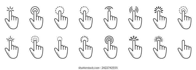 Finger click, computer pointer icon doodle set. Mouse cursor, digital arrow in sketch style. Hand drawn vector illustration isolated on white background