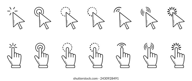 Finger click, computer pointer icon doodle set. Mouse cursor, digital arrow in sketch style. Hand drawn vector illustration isolated on white background