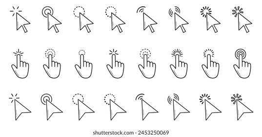 Finger click, computer pointer icon doodle set. Mouse cursor, digital arrow in sketch style. Hand drawn vector illustration isolated on white background