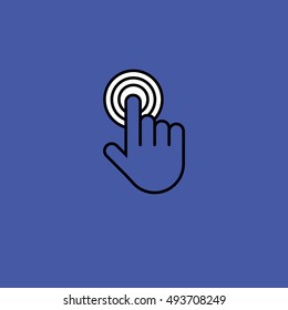 Finger click, hand icon. Vector symbol isolated on purple background. Flat object. Click here. Go forth hither. Web development. Computer programs. Sign emblem. Image element. to point fingers. Button
