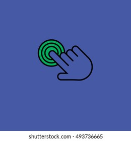 Finger click, hand icon. Vector symbol isolated on purple background. Flat object. Click here. Go forth hither. Web development. Computer programs. Sign emblem. Image element. to point fingers. Button