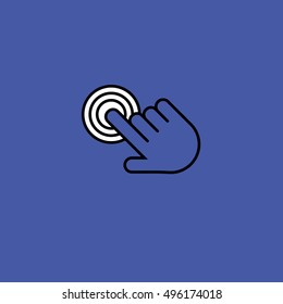 Finger click, hand icon. Vector symbol isolated on purple background. Flat object. Click here. Go forth hither. Web development. Computer programs. Sign emblem. Image element. to point fingers. Button