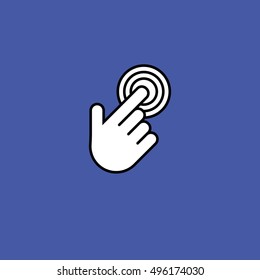 Finger click, hand icon. Vector symbol isolated on purple background. Flat object. Click here. Go forth hither. Web development. Computer programs. Sign emblem. Image element. to point fingers. Button