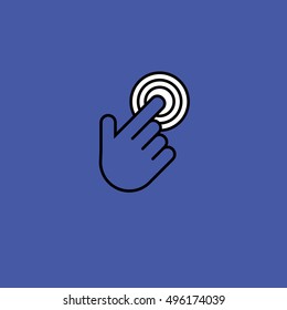 Finger click, hand icon. Vector symbol isolated on purple background. Flat object. Click here. Go forth hither. Web development. Computer programs. Sign emblem. Image element. to point fingers. Button